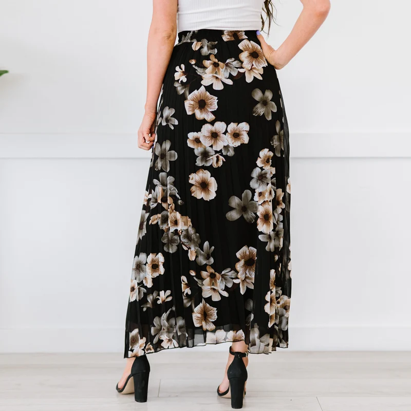High Quality Fashion Floral Print Pleated Summer Women Maxi Long Skirt
