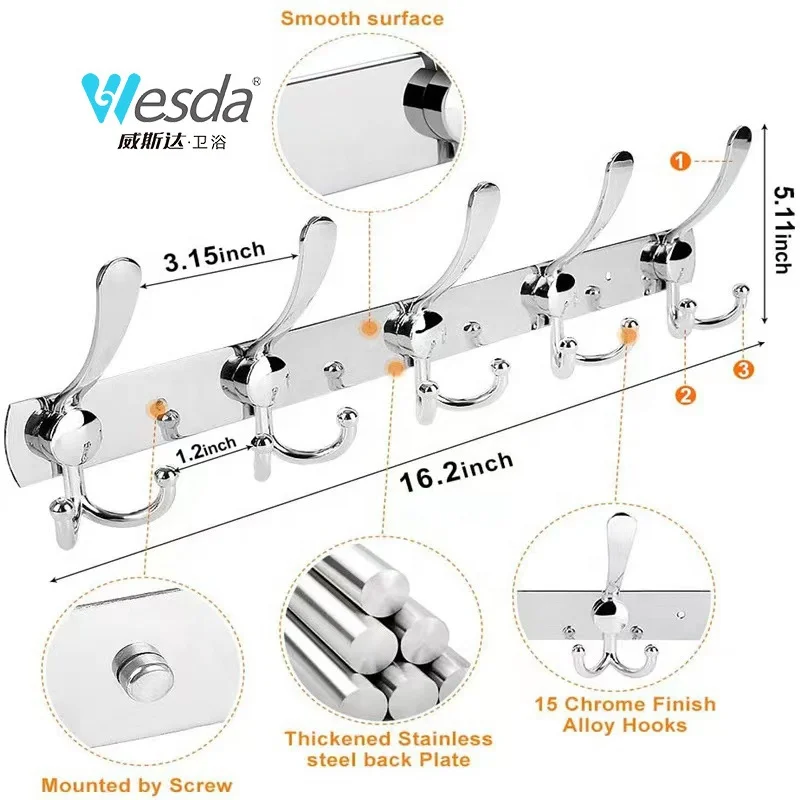 Top Brand Caitang Wesda Bathroom Bedroom Five Heavy Duty Tri Hooks Clothes Hanger Hooks Wall Mounted Coat Rack