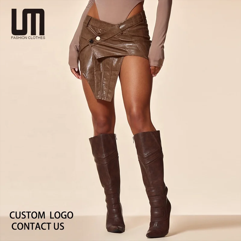 Liu Ming Fashion 2024 Trends Women Y2K Sexy Asymmetrical PU Faux Leather High Waisted Bodycon Micro Mini Skirt