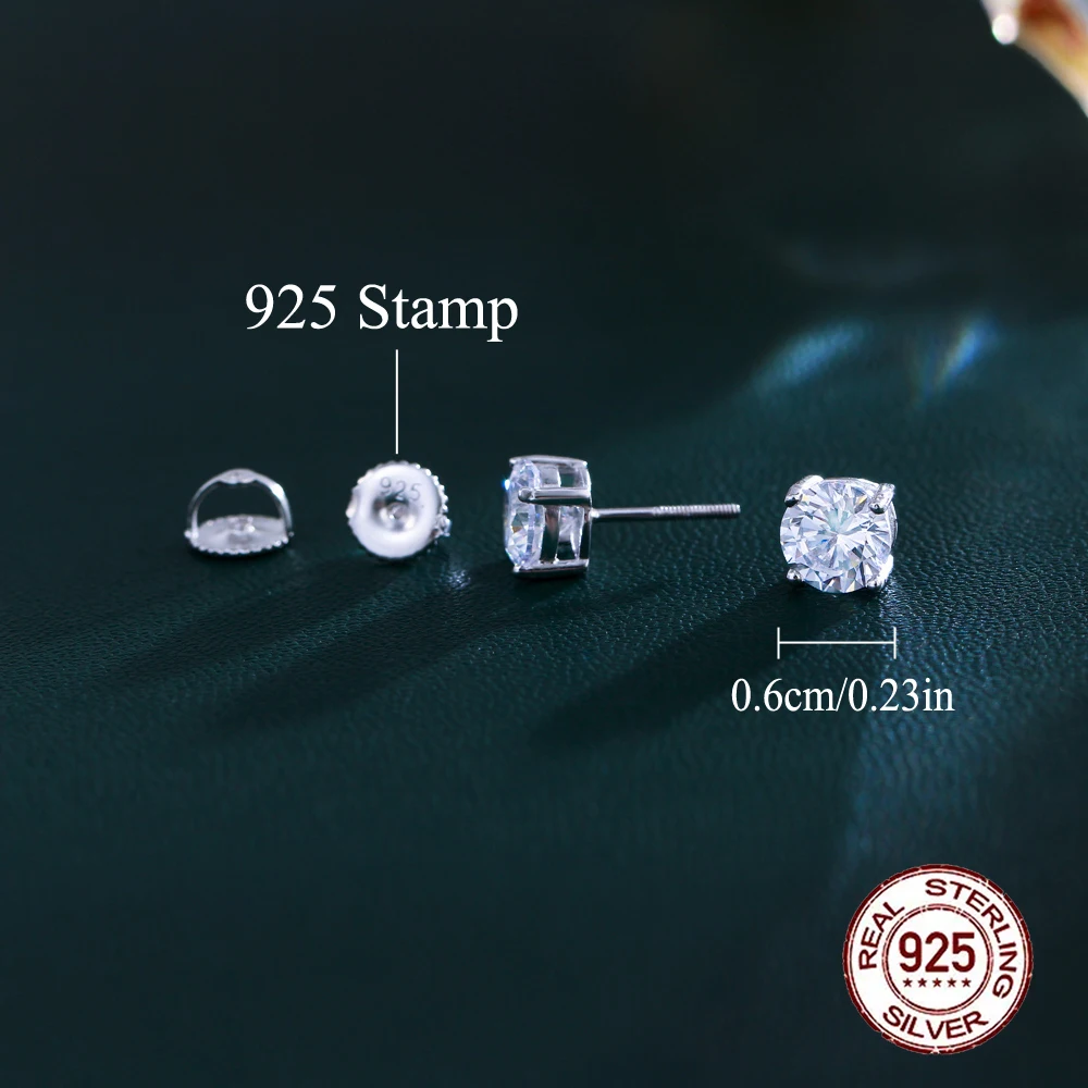 Girl Fashion Jewelry 6mm Single Top Zirconia Stone Earring S925 Sterling Silver Screw Back Design Stud Earrings for Women