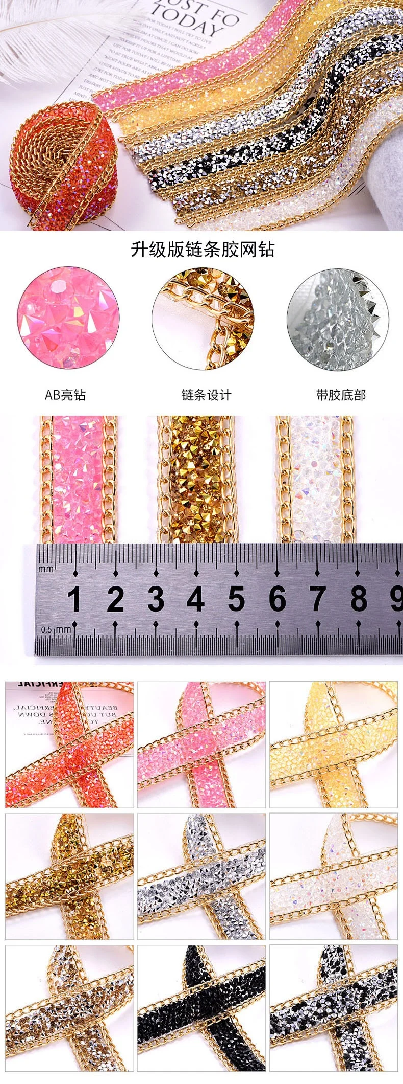 Fancy hot sell 2cm rhinestone iron on resin hot fix metal tape trimming for clothes shoes bag Rhinestones iron on Ribbon
