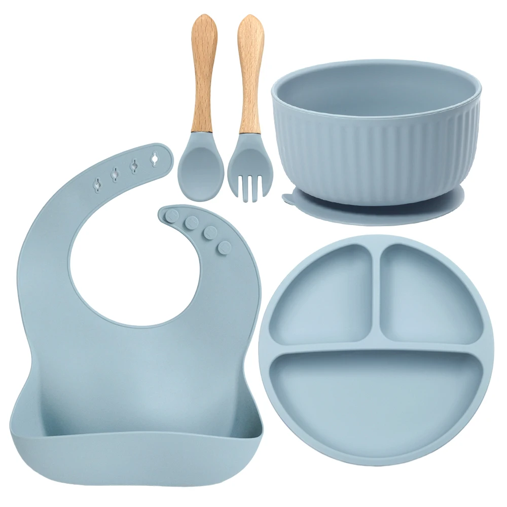 Custom Children Toddler Slant Silicone Baby Suction Bowl Kids Silicone Feeding Dinner Plate bowl spoon and fork