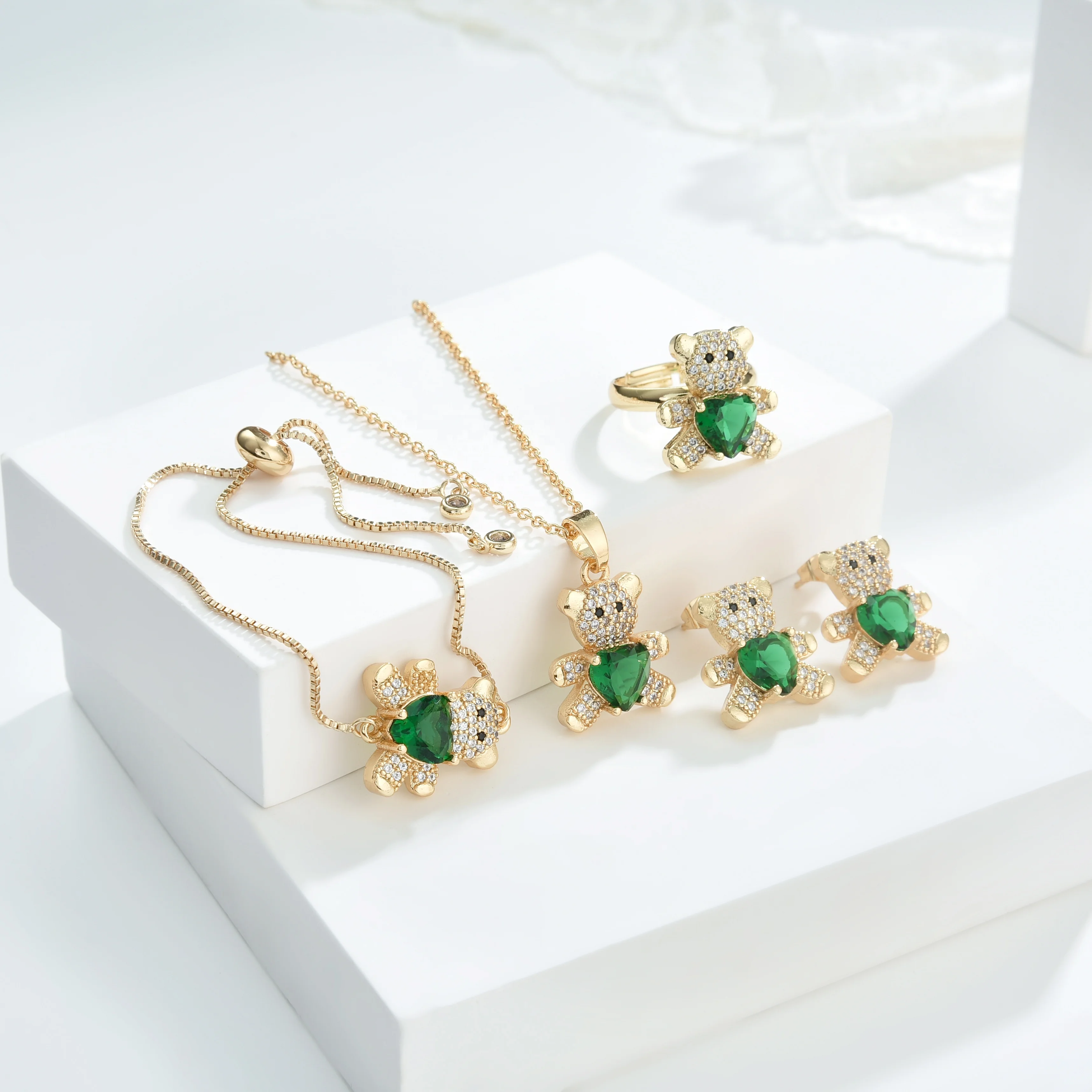 Elfic Cute Jewelry Sets Necklace&Rings&Bracelets&earrings Bear jewelry Animal Stud earrings Conjuntos Oro Laminado Gold Plated