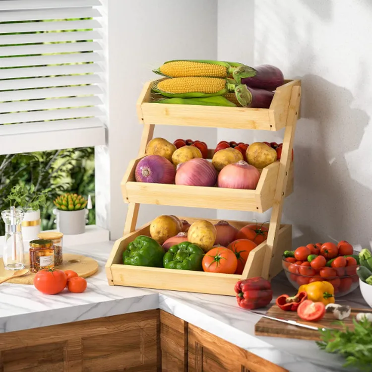 Kitchen Counter Vegetable Storage Organizer Stand Wooden Plate 3 Tier Fruit Holder Bamboo Fruit Basket