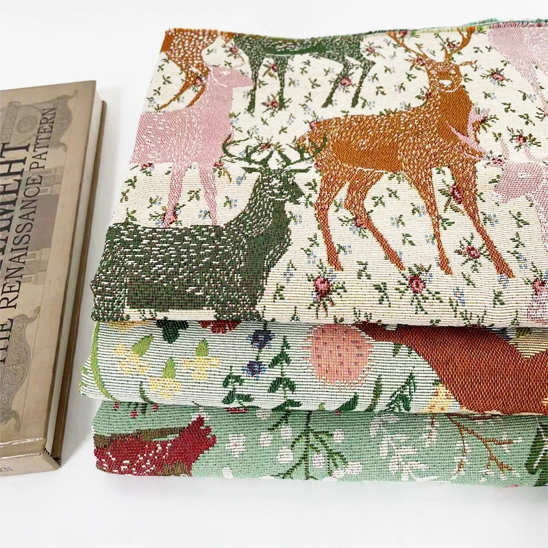 Green, Blue And Burgundy Zoo Animals  Deer Tapestry Upholstery Fabric By The Yard Fabric Jacquard