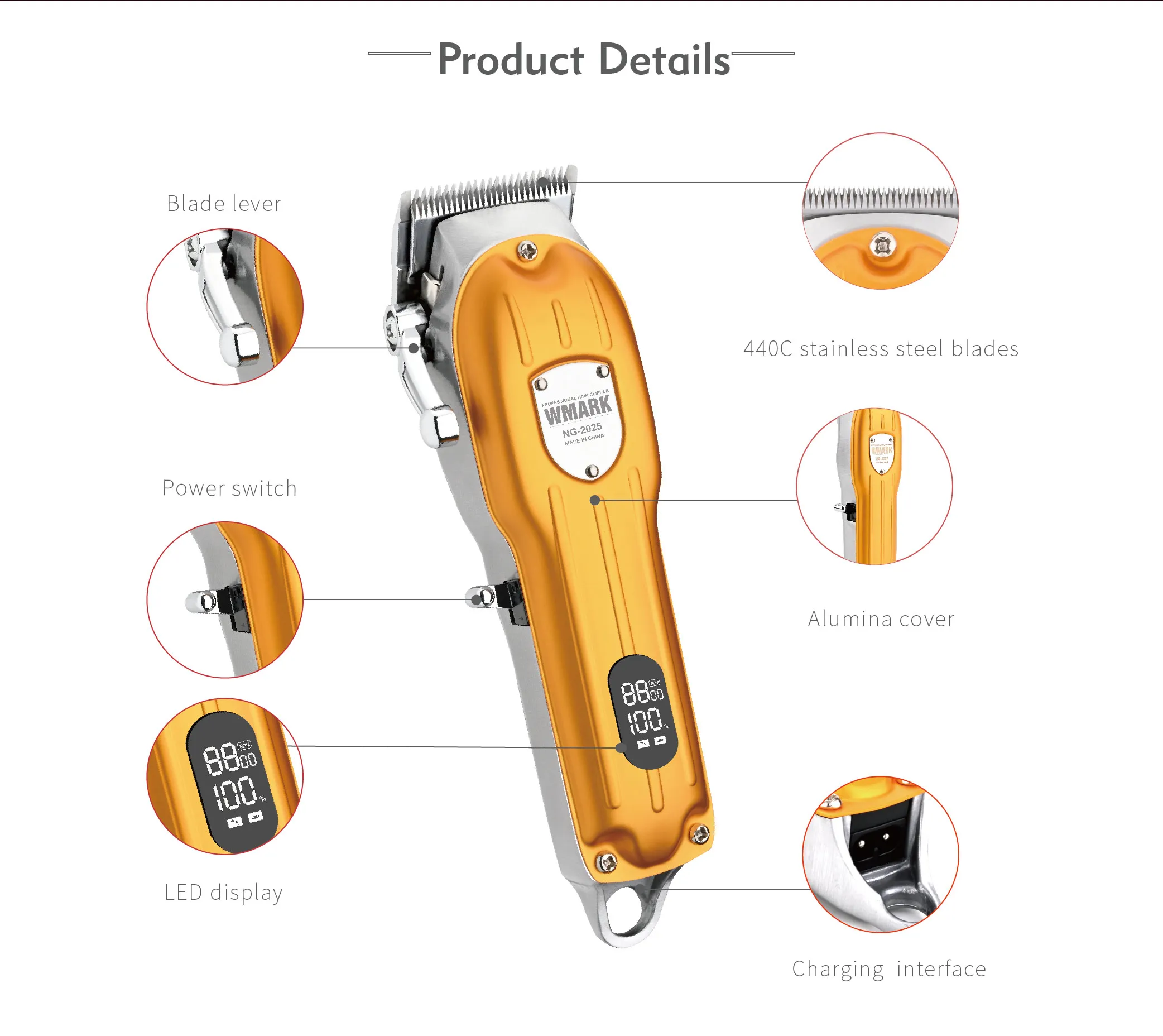 WMARK NG-2025B RTS All Metal Housing Led Display Stainless Blade 6500RPM Professional Hair Trimmer barber Hair Clippers