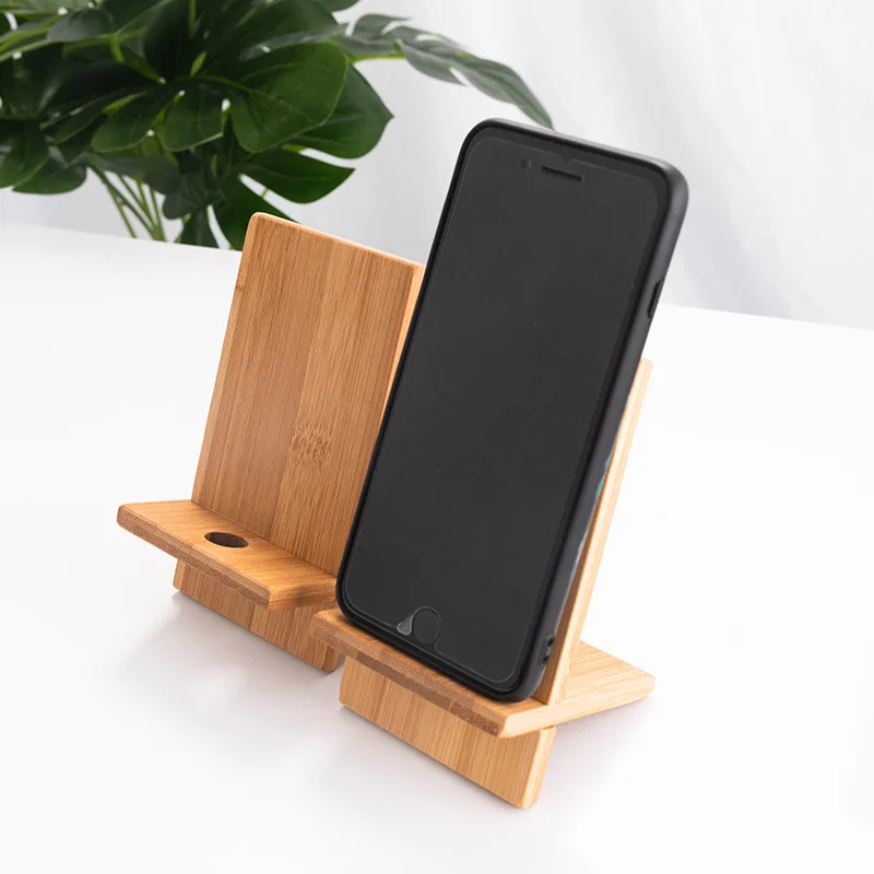 New bamboo charger and stand for mobile cell phone and tablet table holder with logo