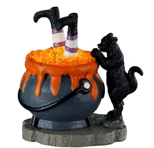 Resin Halloween Spooky Town Black cat witch Cauldron statue