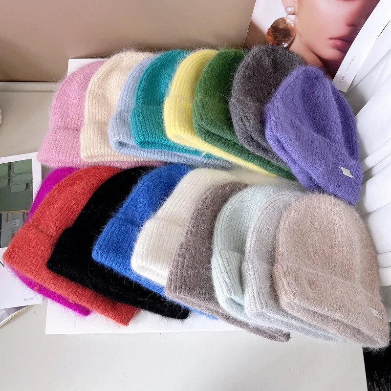 Beanie Hats for Women Men Winter Knitted Hat Angora Rabbit Fur Beanie Bonnet Female Cap Warm Skull Caps