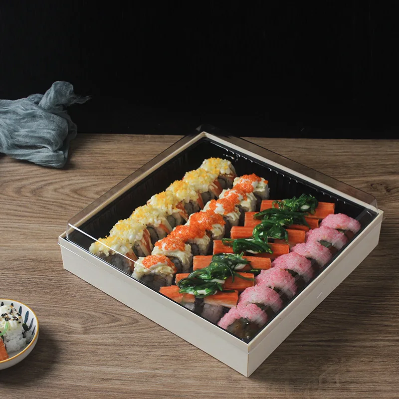 ESTICK Poplar Disposable Wood Sushi Box Container Salad Food Trays with PET Clear Lid Sandwich Dessert Cake Craft Wood Box