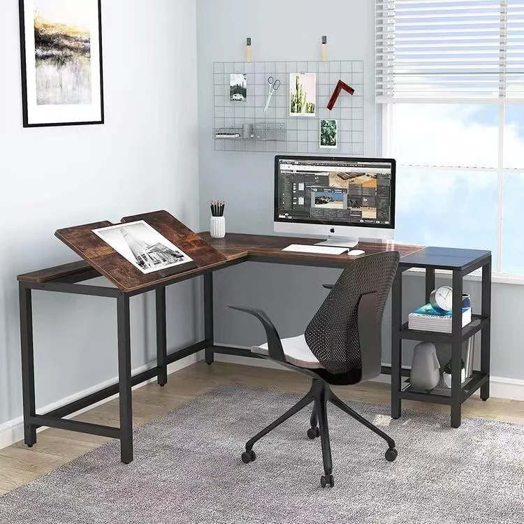 Cheap Removable Home Corner Folding L shape Writing Executive Office Gaming Computer Desk with shelf