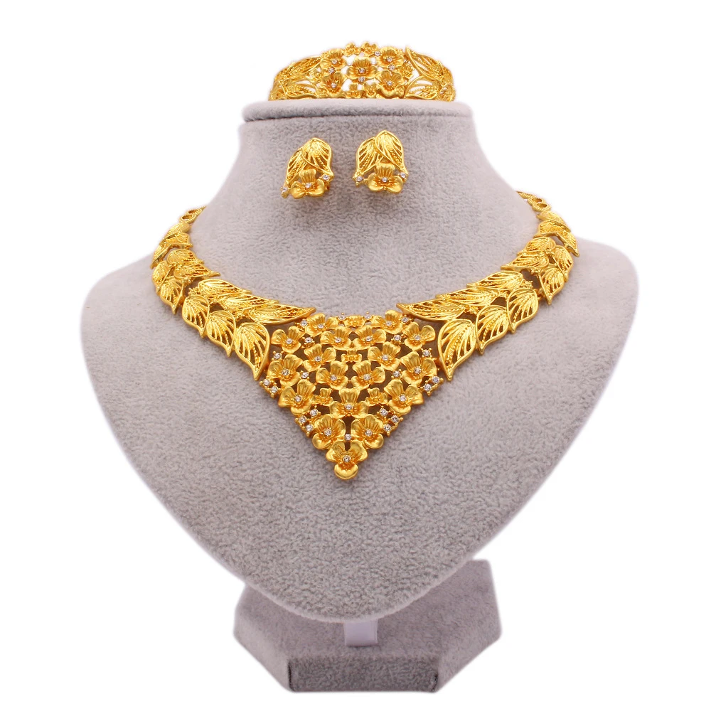 Дубай 24K позолоченные Свадебные Ювелирные наборы цветочное колье ожерелье серьги кольцо браслет 4 предмета в комплекте африканском стиле; комплект ювелирных изделий
