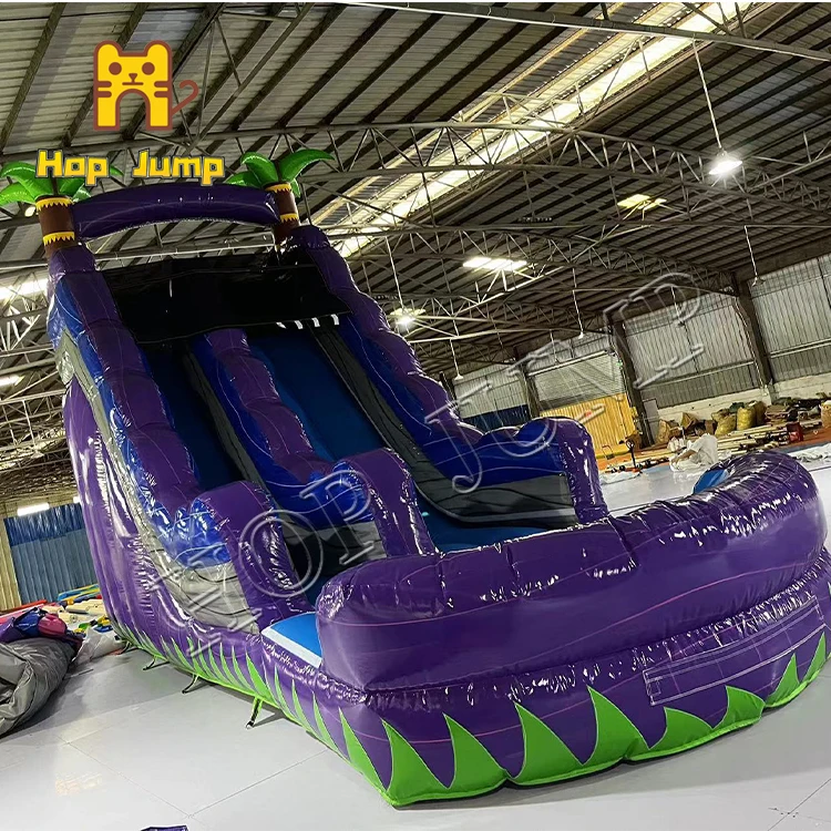 Dolphin theme inflatable water slide with water pool kids summer palm tree game inflatables slide with water pool and blower