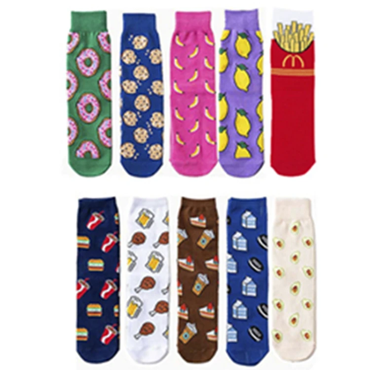 Новые забавные носки, женские милые Мультяшные хлопковые носки для скейтборда в стиле Харадзюку с фруктами, бананом, авокадо, лимоном, яйцом, печеньем
