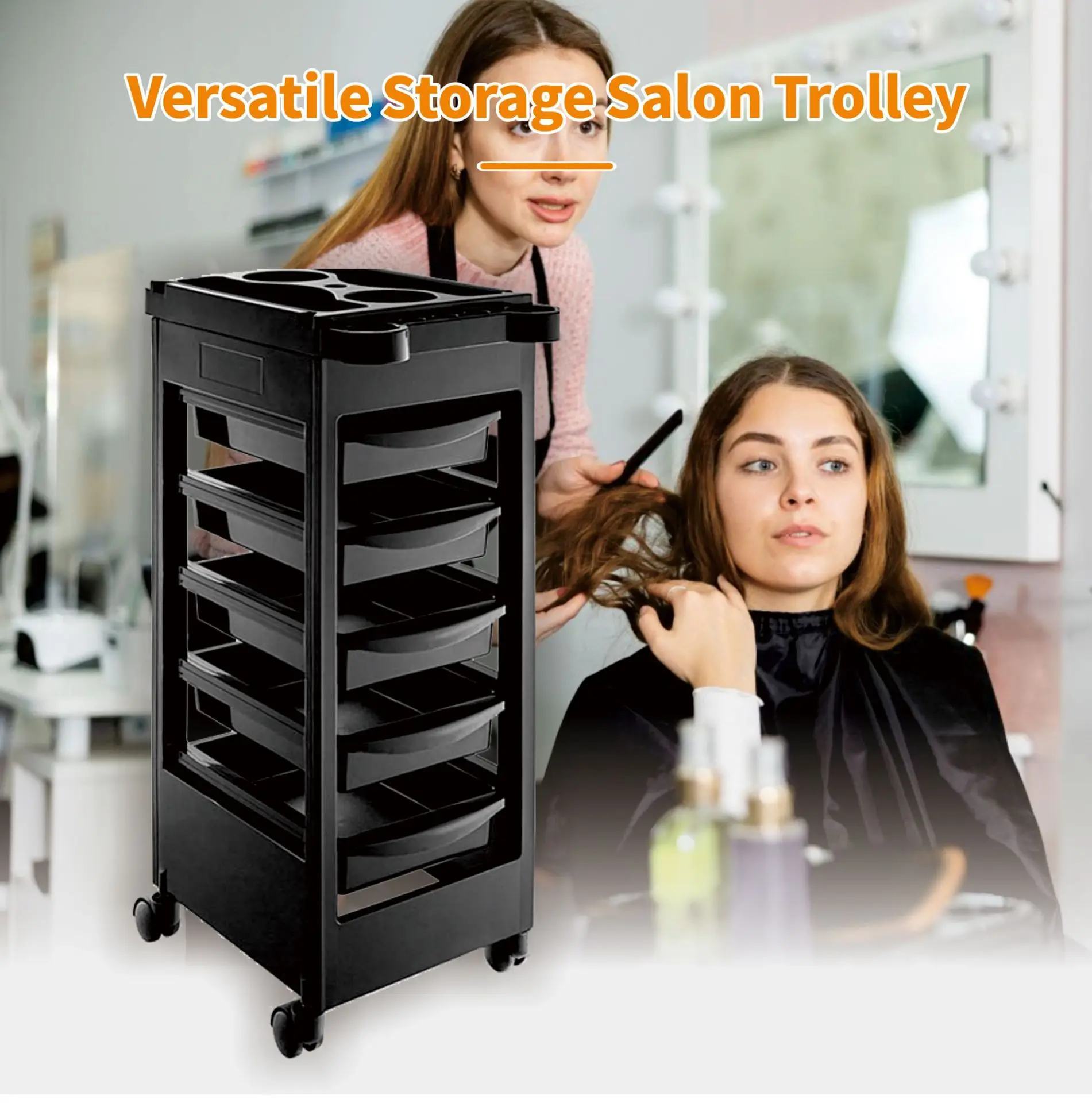 5-Layer Hairdressing Stroller with 360-Degree Rotate Plastic Air Cylinder and Dye Bowl Holder for Salon Use