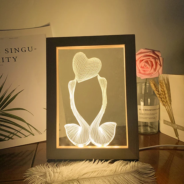 Home Decor Wood Photo Frame 3D Acrylic Led Night Light For Kids