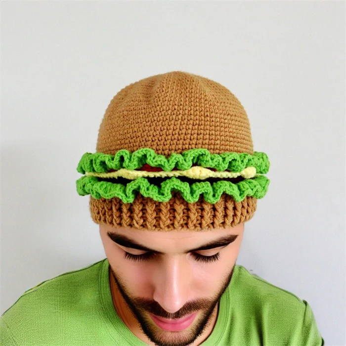 SZ1108 Cute Costume Novelty Hamburger Hats Handmade Crochet Knitted Beanie Caps Thermal Warm Funny Bread Hats for Party