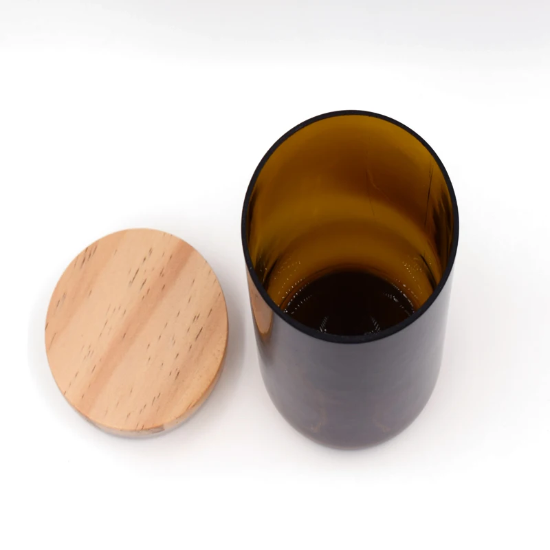 
Wholesale decorative glass candle jar amber with wooden lid 