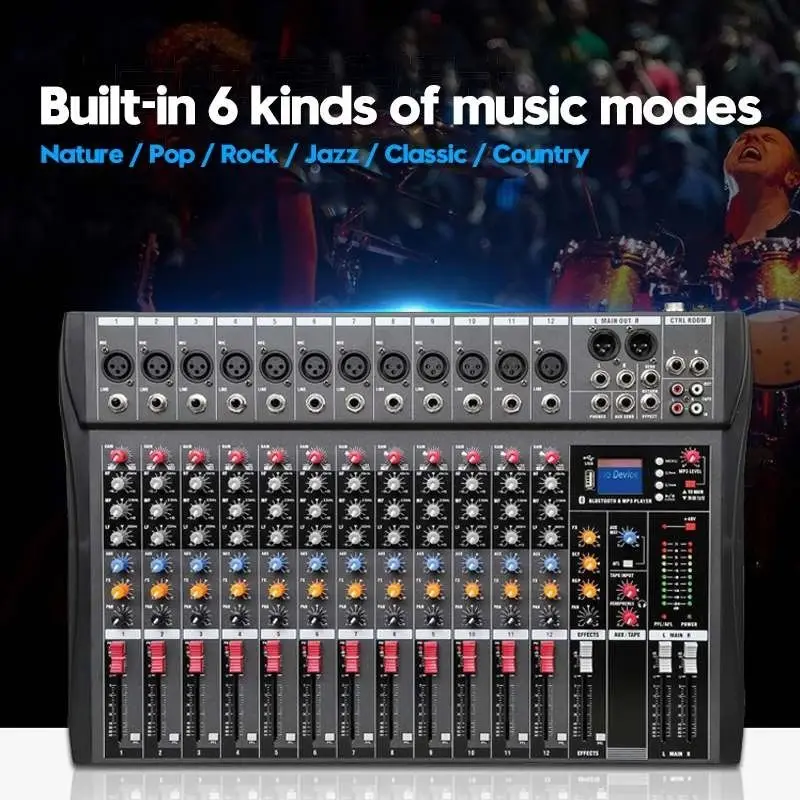 Professional 12 Channel Stereo DJ Mixing Console with USB Bluetooth Recording MP3 Playback DJ Controller Studio Sound Equipment