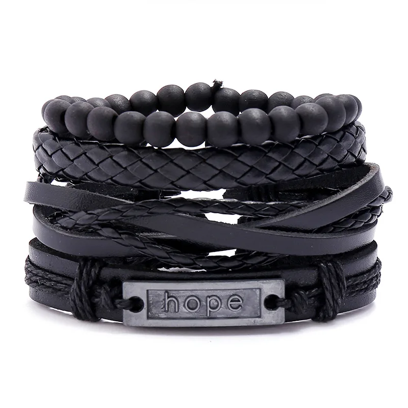 TZ371 Unisex Vintage Punk Style Braided Cowhide Bracelet 4pcs Black Leather Bangle Wrap Inspirational Hope for Engagement