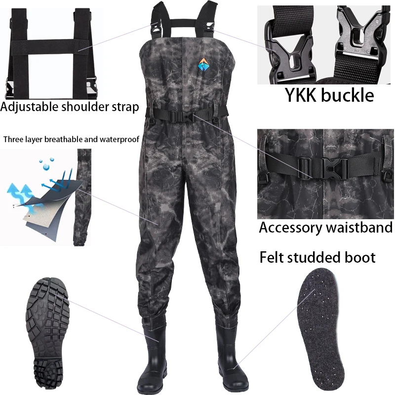 OEM 3 layers breathable Waders Thickened Chest Pocket PVC Nylon camo Waterproof Fishing Chest Waders Thigh Fishing Waders