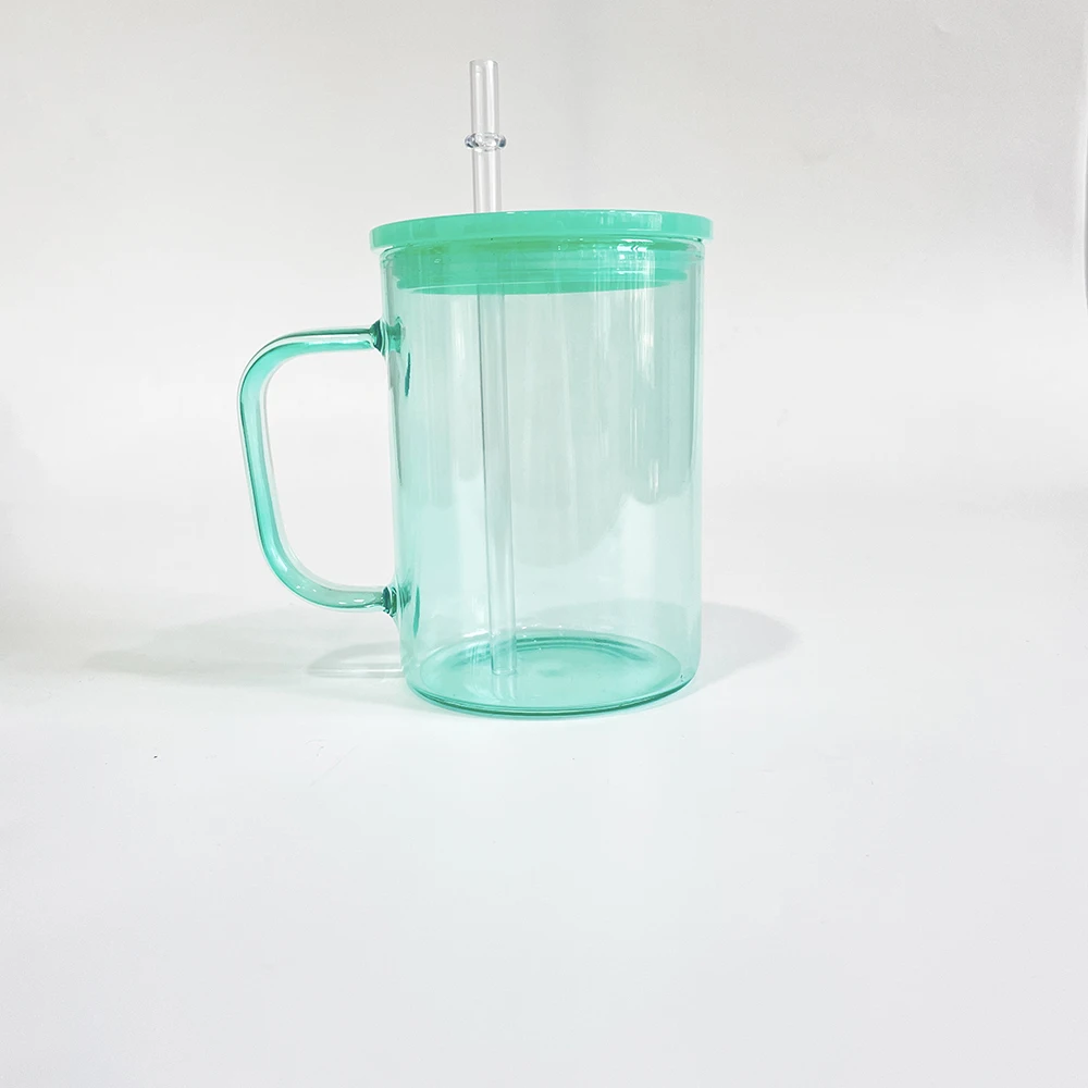 wholesale bulk 17oz Jelly Glass Camper Mug with colored pp lid Tea Milk Beer Crystal clear sublimation glass mug with pp lid