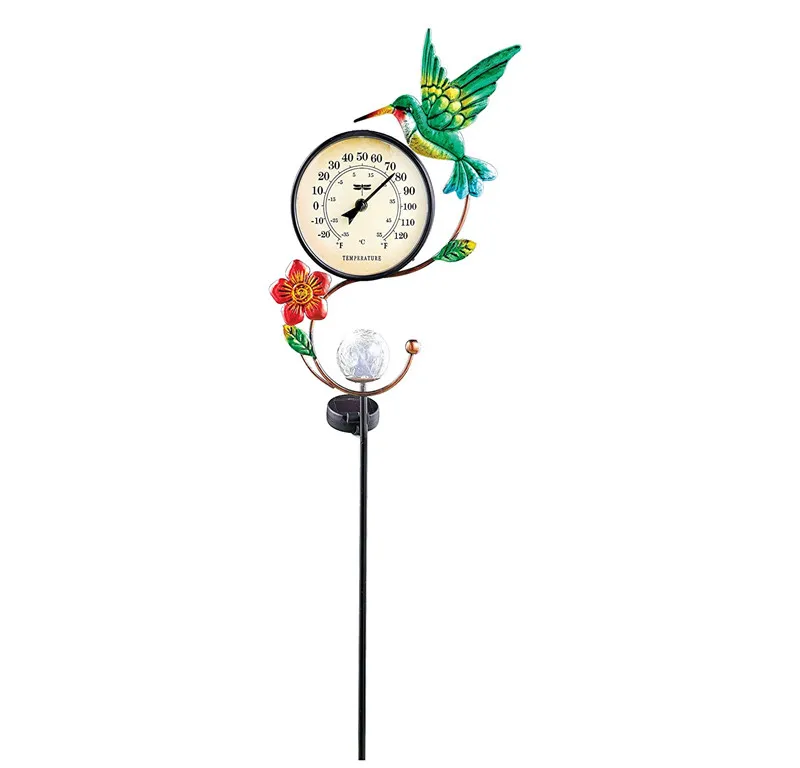 Metal Garden Ornament Solar Light Stake Hummingbird Weather Thermometer Stake Outdoor Bird Garden Stakes
