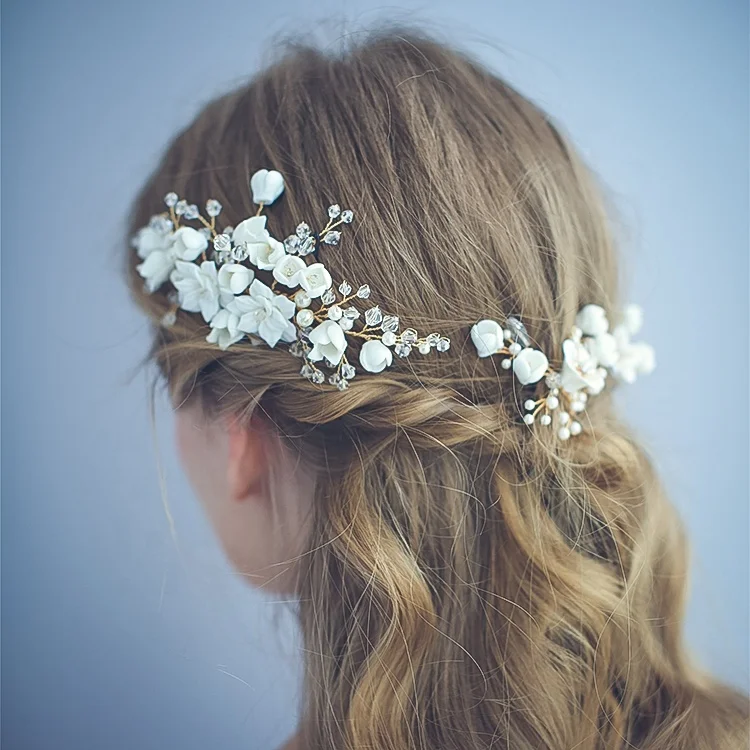 Fashion Ceramics Floral Headpiece Bridal Gold Hair Comb Pearls Women Prom Hair Pin Jewelry Wedding Accessories