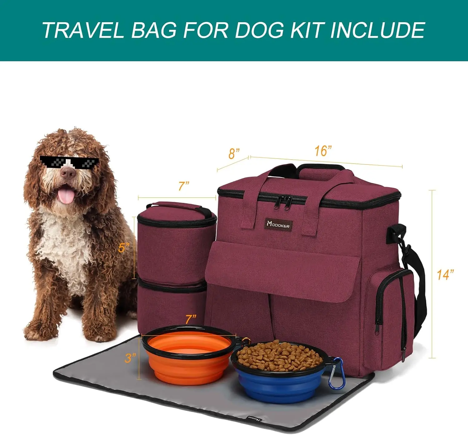 2  Dog Bowls, Multi-Pockets Tote Organizer bag for Dog Supplies, Dog Road Trip Essentials, Weekend CampingPet Travel Backpack
