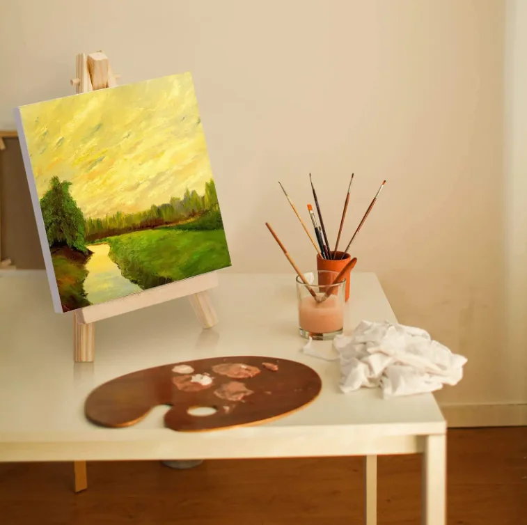 Kids Painting Set 11*11CM Mini Stretched Canvas Board with 9*16CM Wooden Paint Easel Display Stand Digital Printing