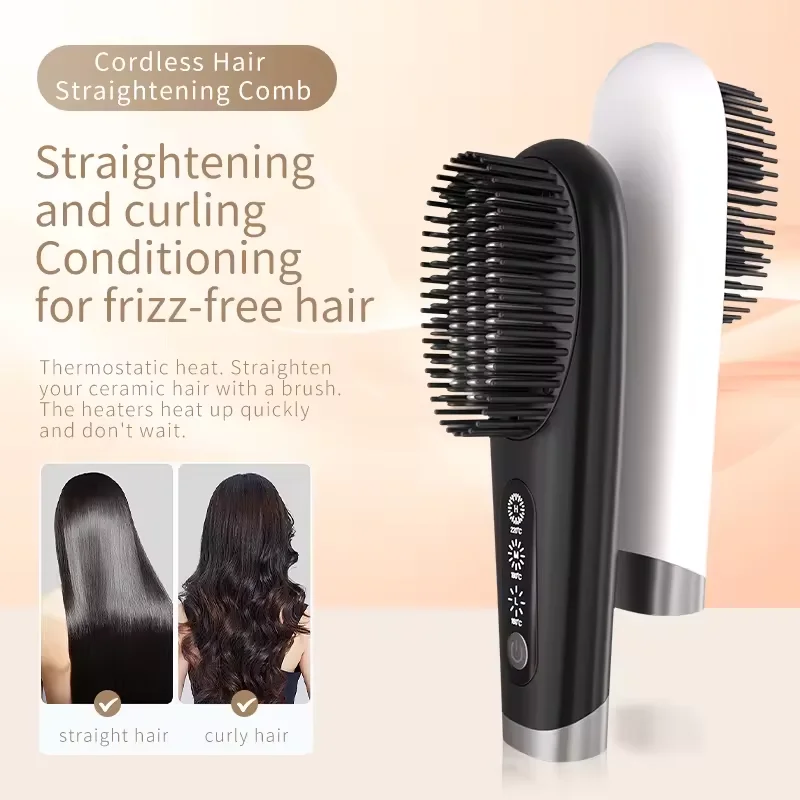Hot Sale Portable USB Rechargeable Hot Comb 2 in 1 Negative Ion Wireless Cordless Hair Brush Hot Hair Straightener Comb