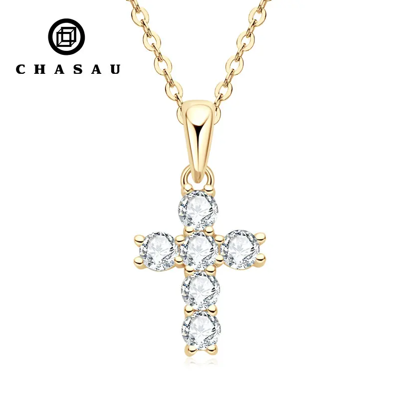 Chasau 925 Серебряный Сертифицированный 3 мм Муассанит Женский Мужской верный Шарм религиозный чокер христианские подарки крест кулон ожерелье