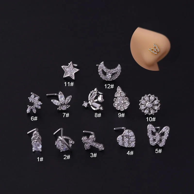 New Design Nose Ring Gold Nose Piercing Jewelry Cz Butterfly Flower Star Moon Shape Screw Nose Stud