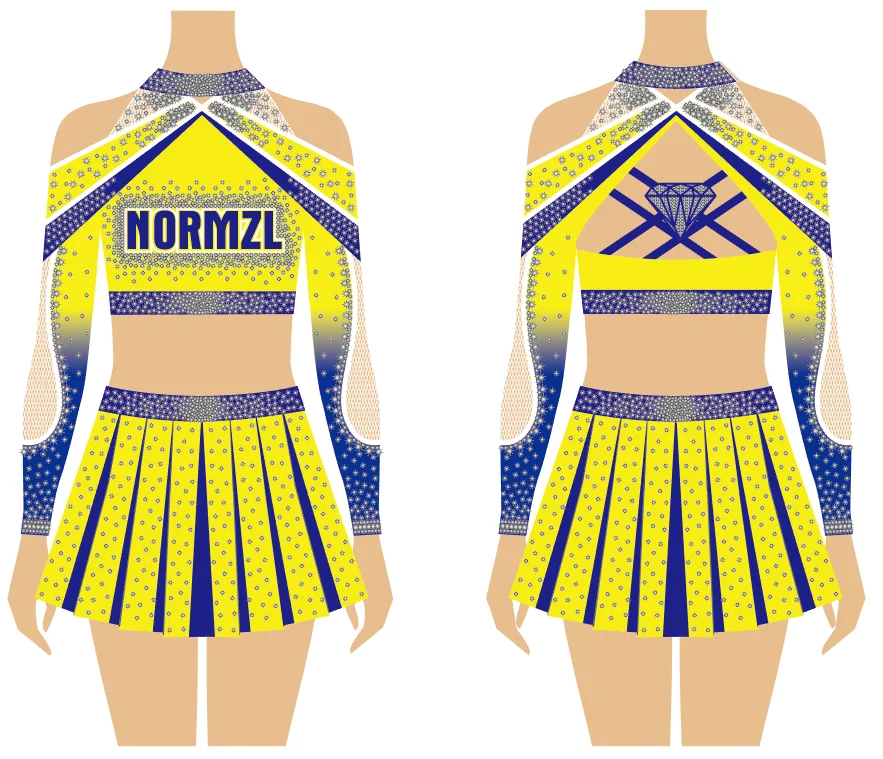 Custom Sexy Cheerleader Outfits Tops And Skirt Multicolor Sublimated Printing Rhinestone Cheerleading Uniforms For Women