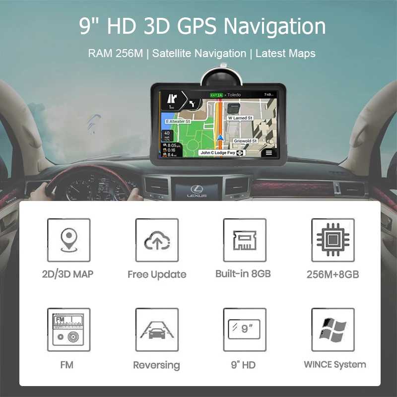 9 Inch GPS Big Touchscreen GPS Navigation For Car 8GB Sat Nav Vehicle GPS Navigator 2022 Latest Map For all Cars Lorry Trucks