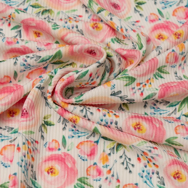 
NO MOQ Custom rib knit fabric 95 polyester 5 spandex printed ribbed knit stretch fabric 