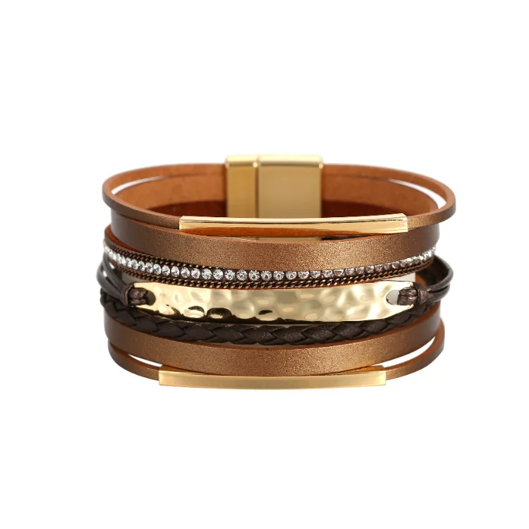 Personalized Women Magnetic Clasp Metal Charm Leather Bracelets Hot Multi Layered Rhinestone Crystal Wrap