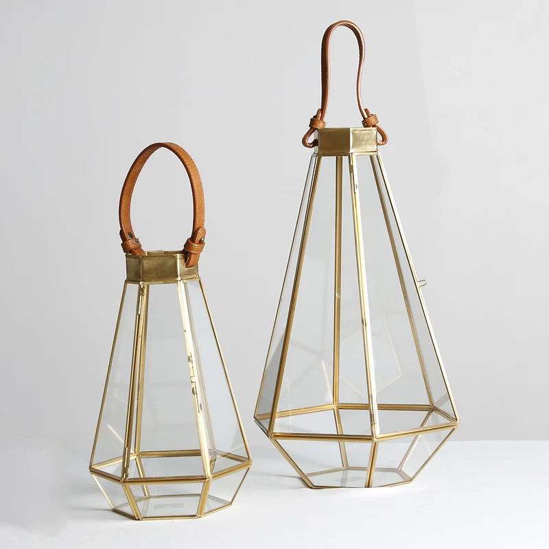 European Vintage Safe Gold Candlestick Holders Tea Light Geometric Table Lantern Clear Glass Hurricane Lantern Candle Holders