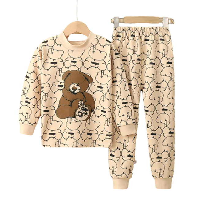 Cartoon printed cotton boys girls sleepwear long sleeve kids pajamas set