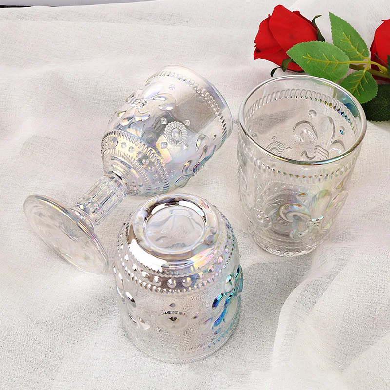 Multicolor Embossed Water Glasses Elegant Wine Glasses Amber and Rainbow Vintage Stemless Goblets for Wedding Party Daily Use