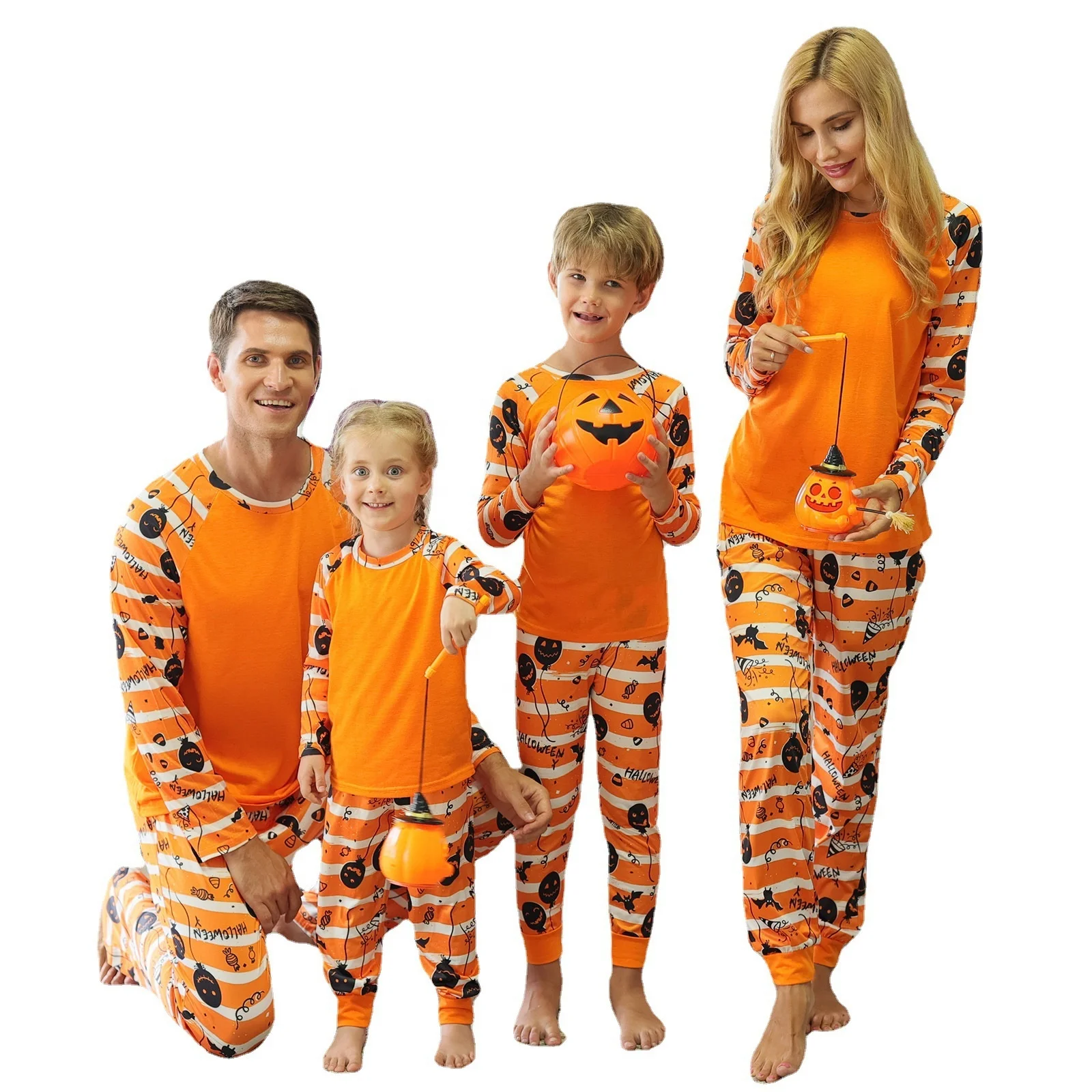 new arrivals 2021 New Holiday Orange Color Suit Clothes 2 Piece Family Clothing Sets Parent-Child Halloween Pajama Suit