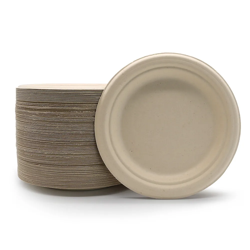 Прочная смазка и водонепроницаемая багасса 6,75 дюйма, биоразлагаемые тарелки для свадьбы, дня рождения, одноразовая бумага