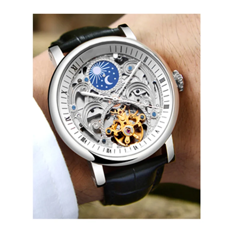 Latest cow leather strap all hollow moon phase waterproof men mechanical wristwatch