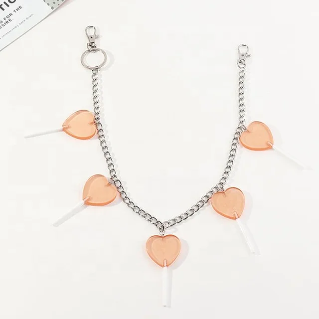  New Harajuku Transparent Purple Heart Lollipop Metal Key Chain For Women Punk Jeans Waist Pant Keychains Accessories