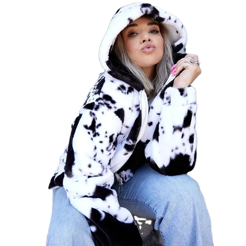 
New Arrival winter black and white cow pattern Hooded rabbit fur cardigan sweater fur coats for woman trendy 