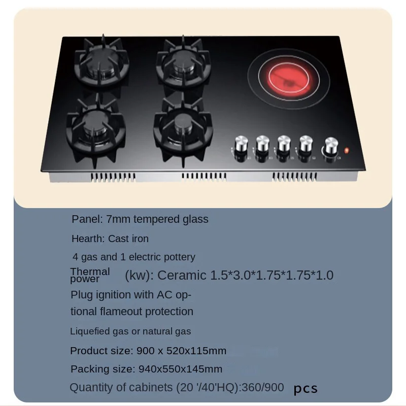 Zhongshan Nuoyi Kitchen appliance 4 gas burner 1 electric hotplate gas cooker stove LPG/NG Convertible gas and electric hob