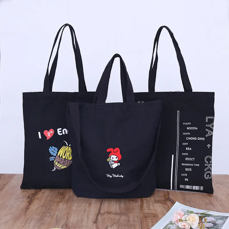 Black Color High Quality Custom Printed Logo Brand Cotton Tote Bag