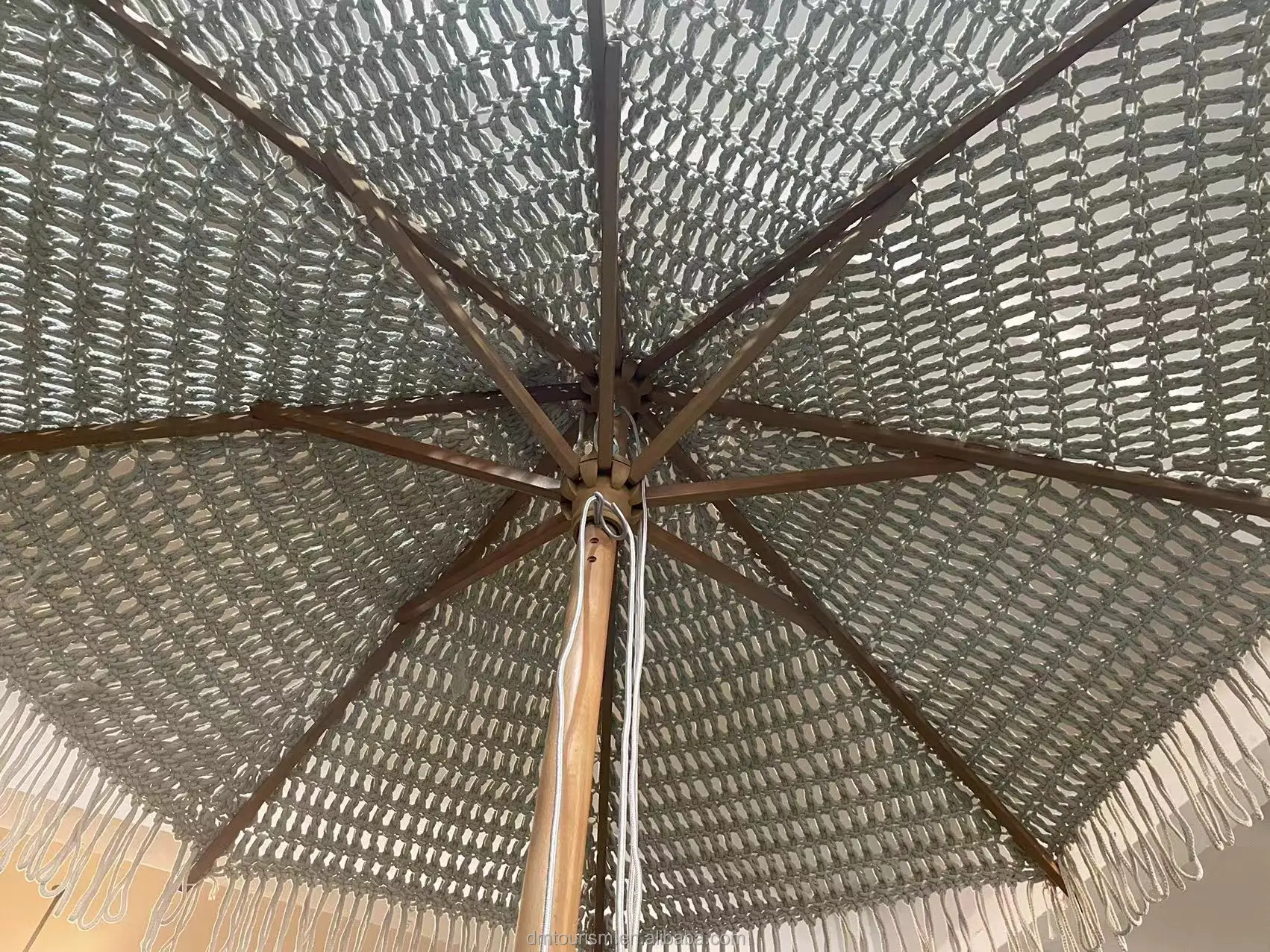 Outdoor Fringe Custom Parasol Beach Umbrella with Tassels Boho Macrame Wooden Cotton Wood Outdoor Furniture Traditional 25KG