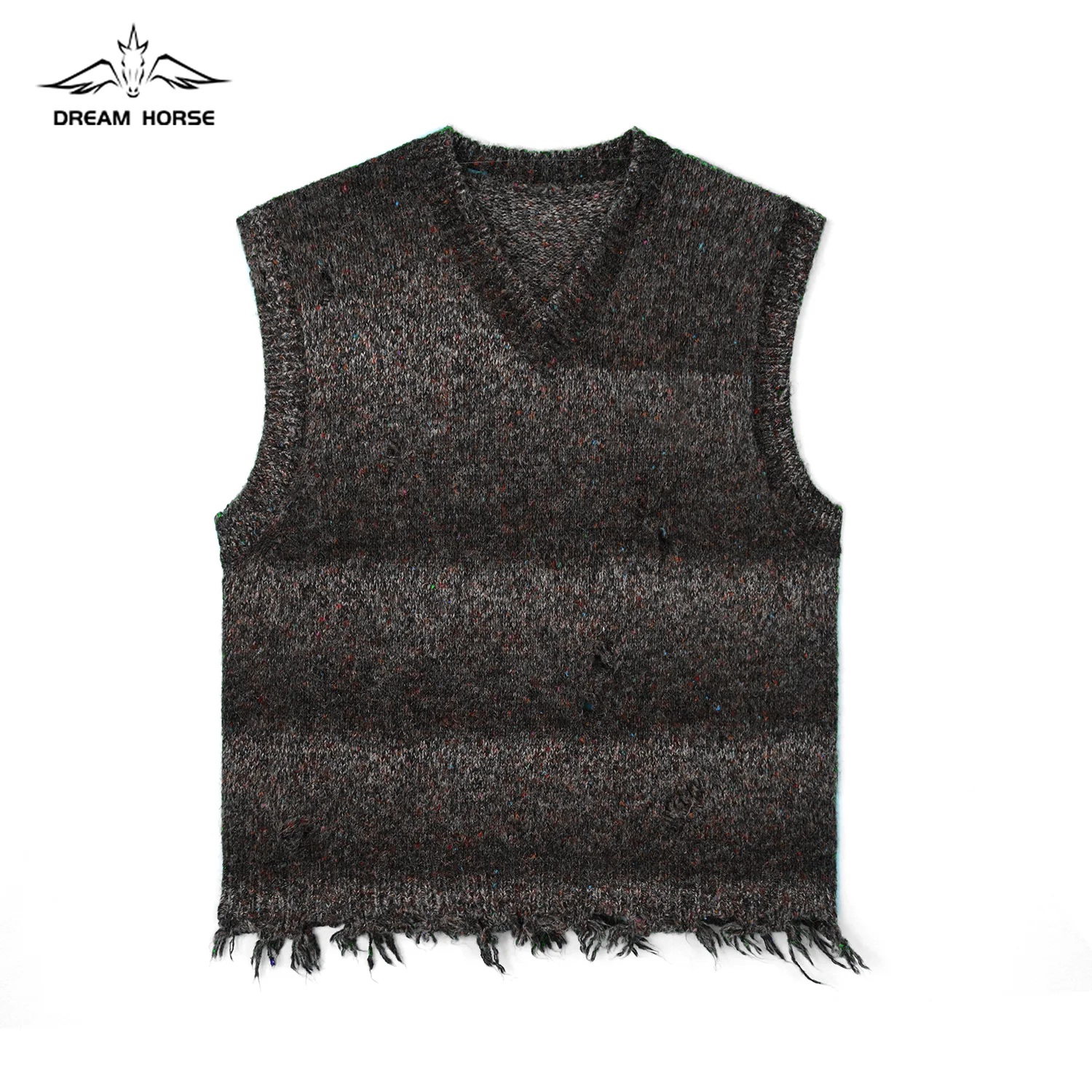 AiNear wholesale custom logo design oem & odm gradient sleeveless v neck distressed ripped men mohair knitted fuzzy vest sweater
