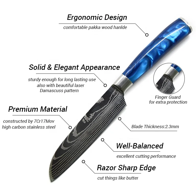 10 pcs Exquisite blue resin handle Laser Damascus pattern Chef knife Santoku Cleaver Slicing kitchen knives set